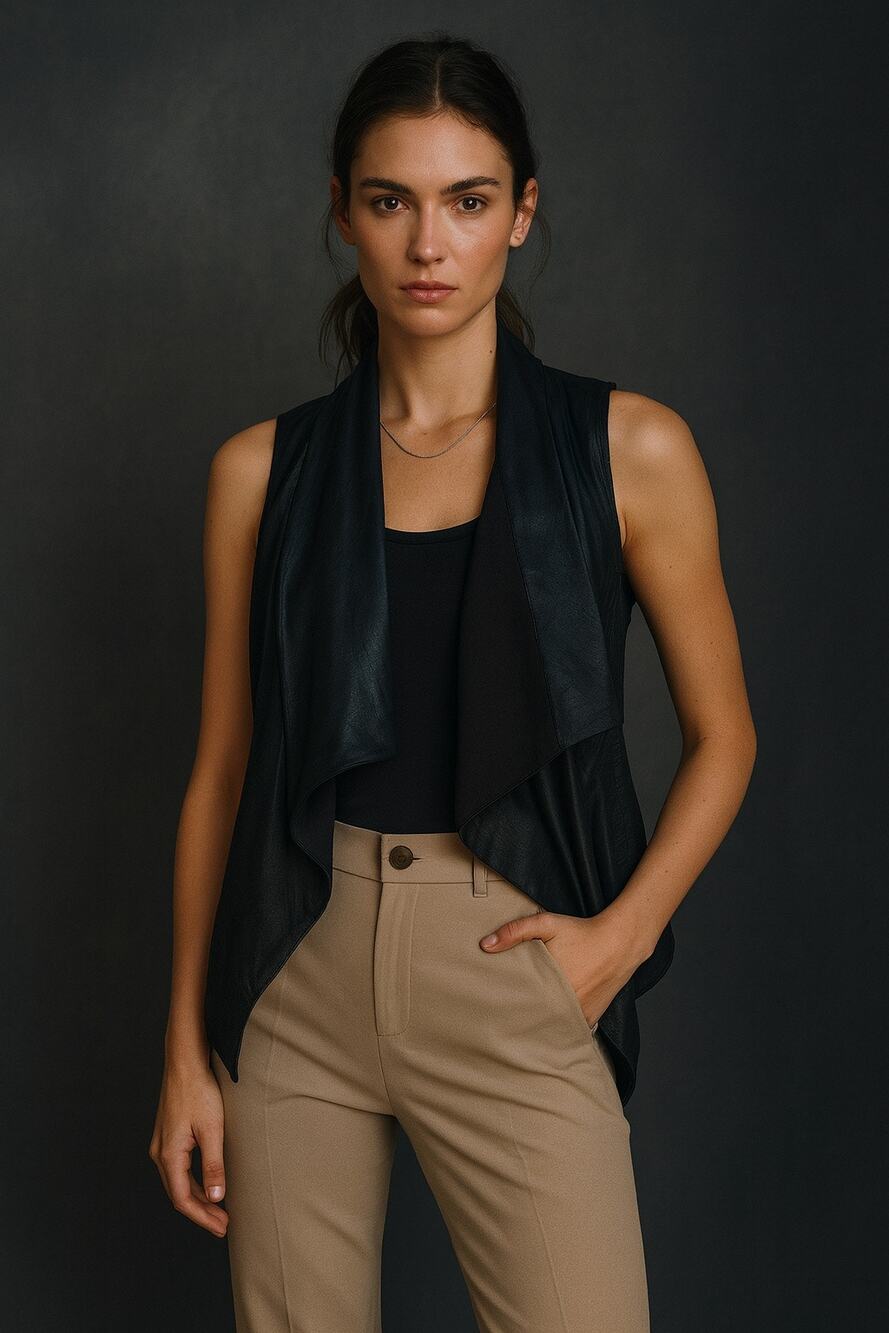 Theory Leather Pima Cotton Draped Open Sweater Vest Black Moto Small Petite